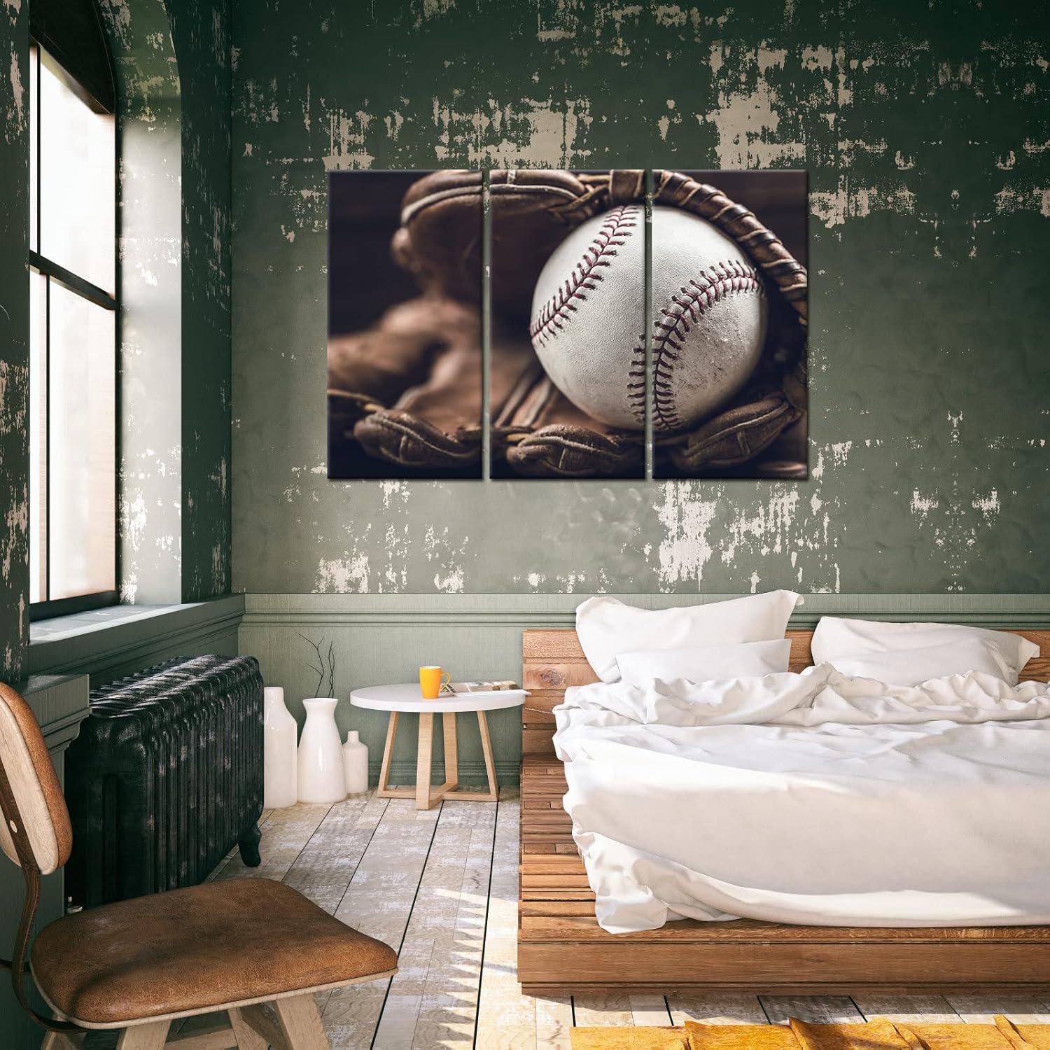 iLOOKLiKE 3 Panels Retro Baseball Canvas Wall Art Vintage Baseball in Glove Poster Sports Pictures Wall Decor for Boy's Room Living Room Decoration Stretched and Framed Each Size Medium